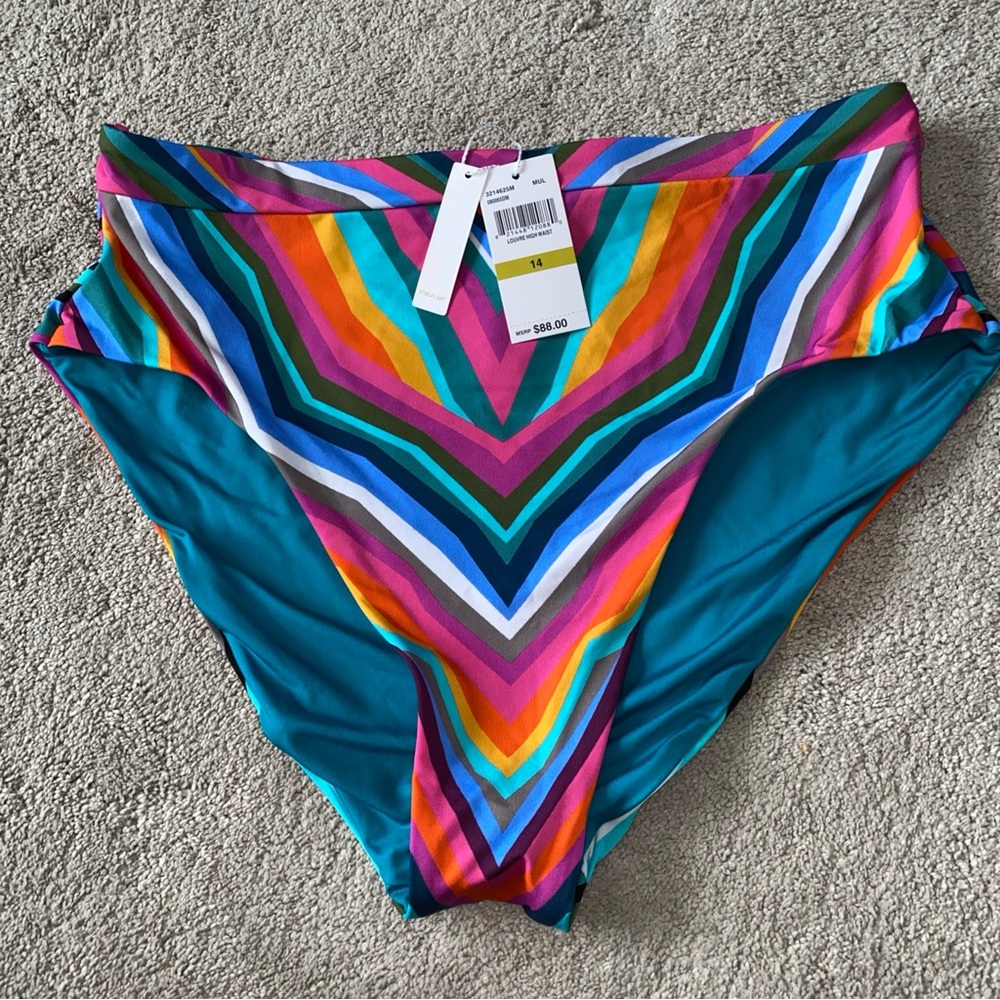 Trina Turk Louvre High Waisted Swim  & Spa Bikini Bottom Striped‎ Size 14 NWT
